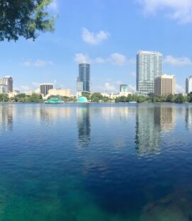 view of downtown Orlando Florida from a lake