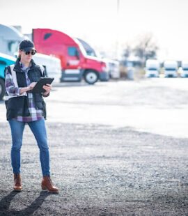 Woman evaluates supply chain challenges at truck depot.
